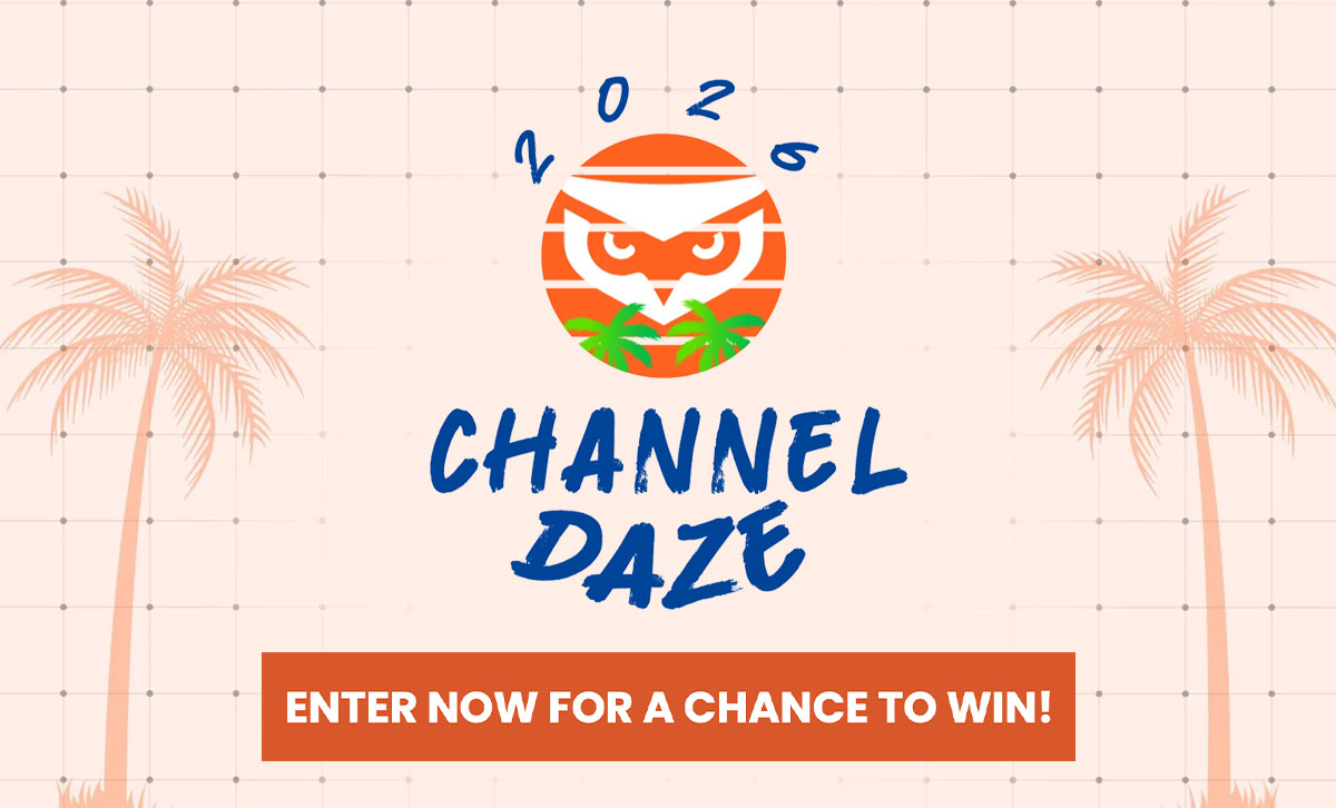 Channel Daze 2026 giveaway graphic from Mailprotector featuring the orange owl logo in a sunset circle with tropical palm trees, hand-lettered "Channel Daze" script, and an orange banner reading "Enter now for a chance to win," promoting the MSP channel partner giveaway event.