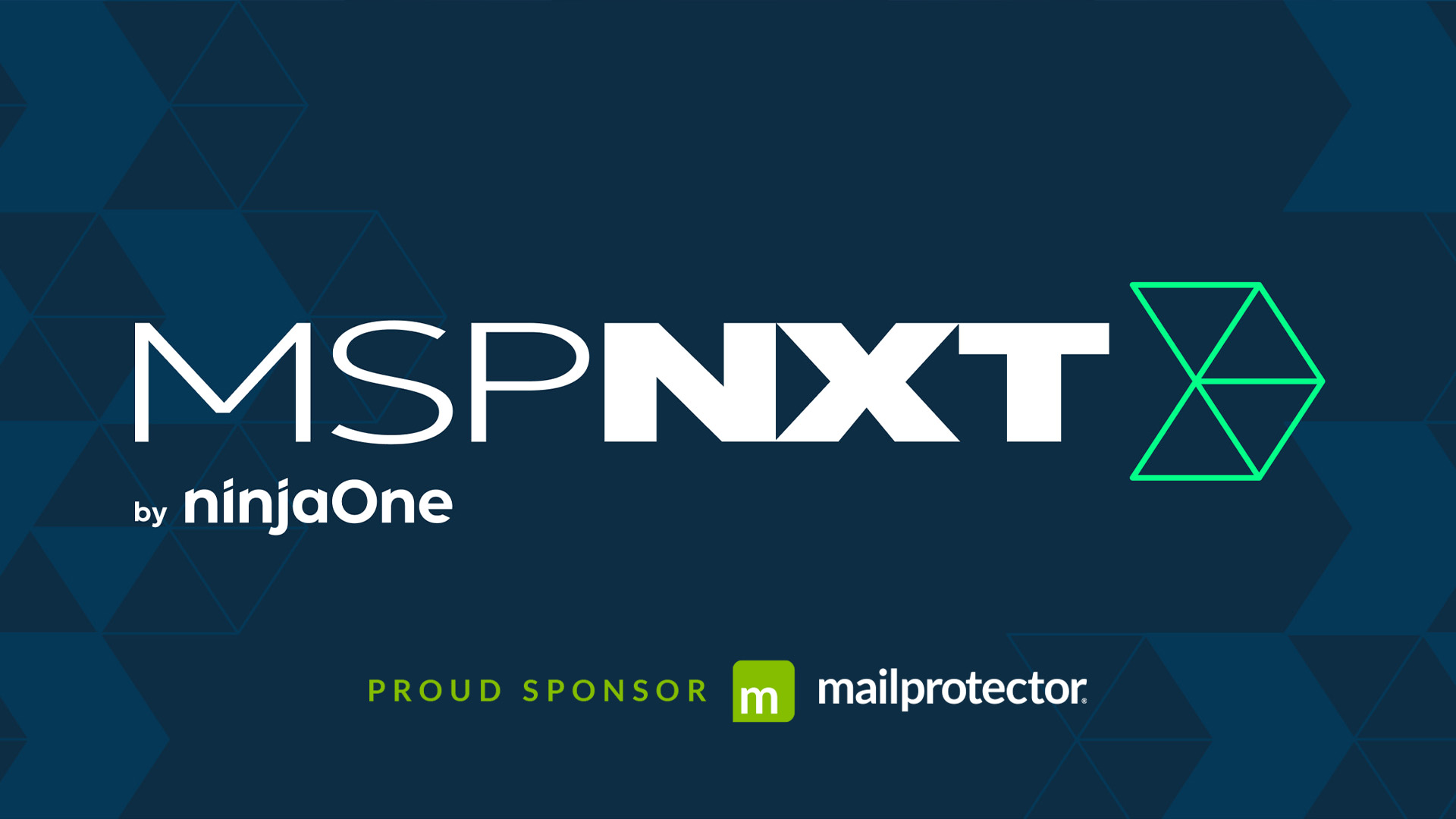 MSP NXT by NinjaOne sponsor graphic with Mailprotector logo on a dark blue geometric background.